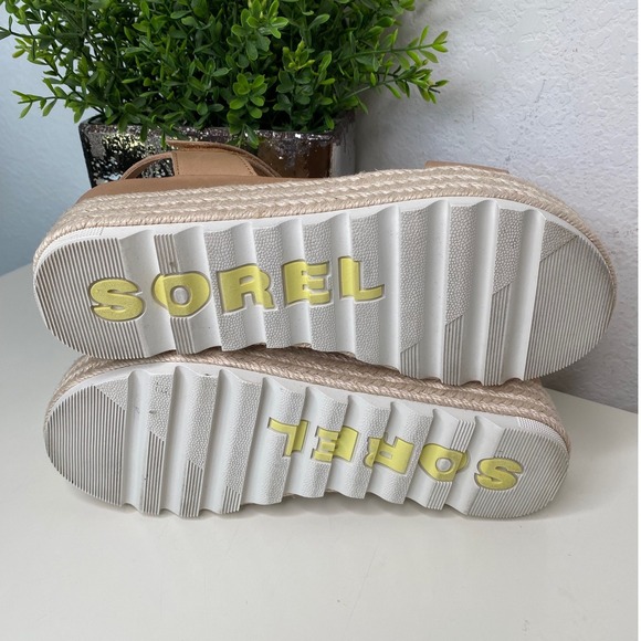 Sorel Cameron Flatform Leather Espadrille Sandals Tan Leather Hook & Loop Size 8 - Picture 7 of 11